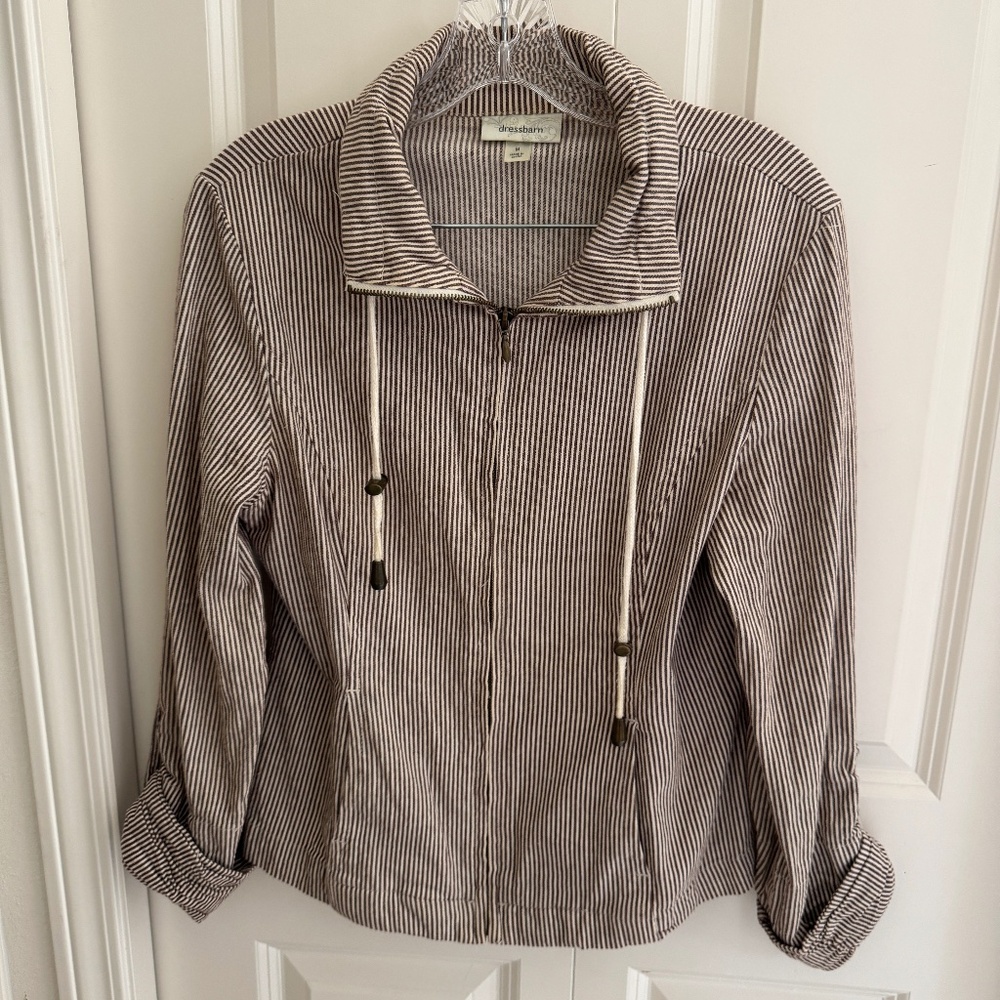 Dressbarn Jacket Women's Medium Striped Full Zip Sleeve Nautical Top Drawstrings